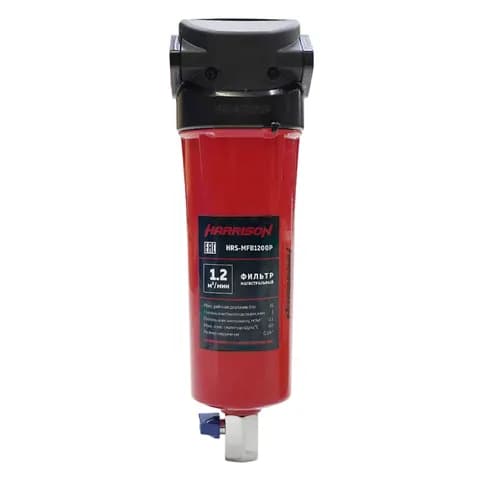 HRS-MFB1200P Фильтр магистральный; Производительность: 1200 л/мин; Максимальное давление: 16 бар; Фильтрация твердых частиц: 1 мкм; Остаточное содержание масла: 0.1 мг/м3; Соединение: G 3/4 "