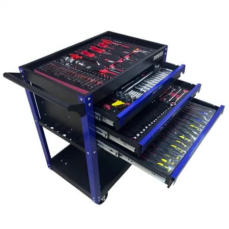 Инструментальная тележка с инструментом GW-3ST1 Blue (Great Wolf, 249 поз) с полкой и тремя ящиками