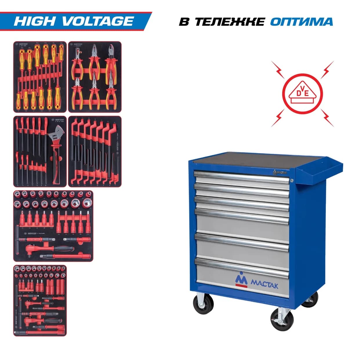 Инструментальная тележка KING TONY 934-117AMBE с инструментом, 117 предметов, серия «HIGH VOLTAGE», синяя