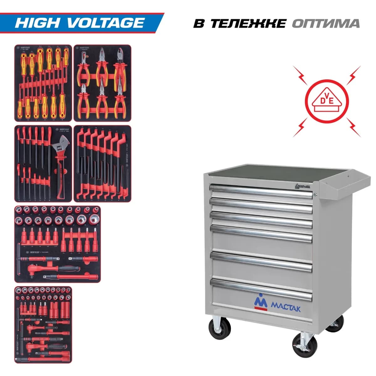 Инструментальная тележка KING TONY 934-117AMGE с инструментом, 117 предметов, серия «HIGH VOLTAGE», серая