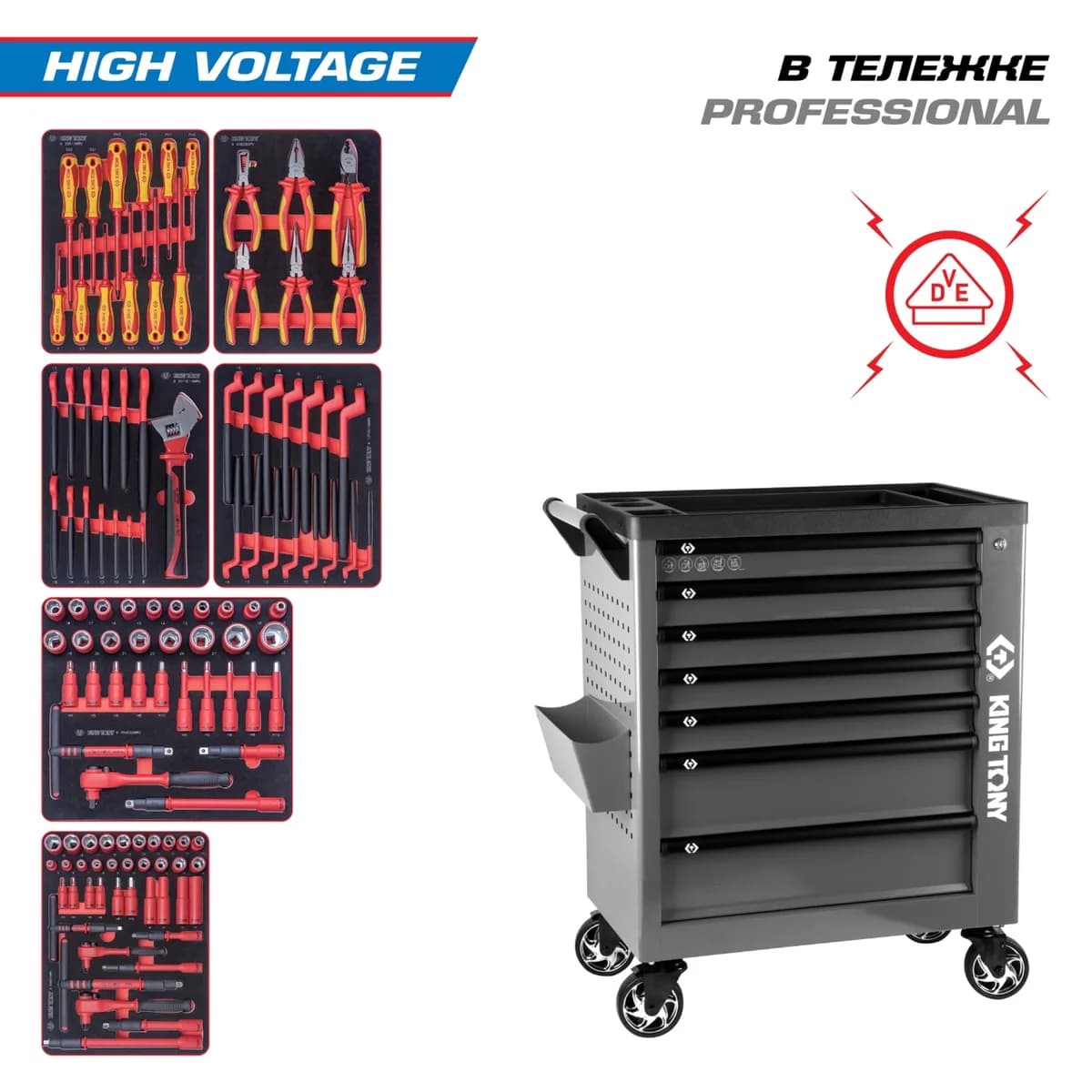 Инструментальная тележка KING TONY 9G38-117MRVEG с инструментом, 117 предметов, серия «HIGH VOLTAGE», серая