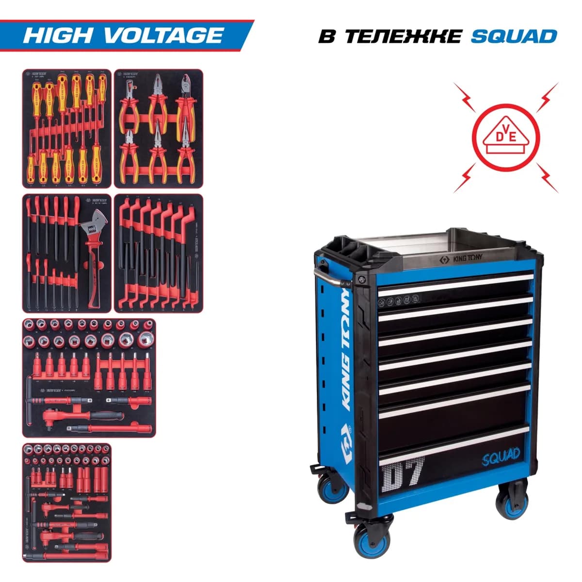 Инструментальная тележка KING TONY 9SQ31-117MRVE с инструментом, 117 предметов, серия «HIGH VOLTAGE», синяя