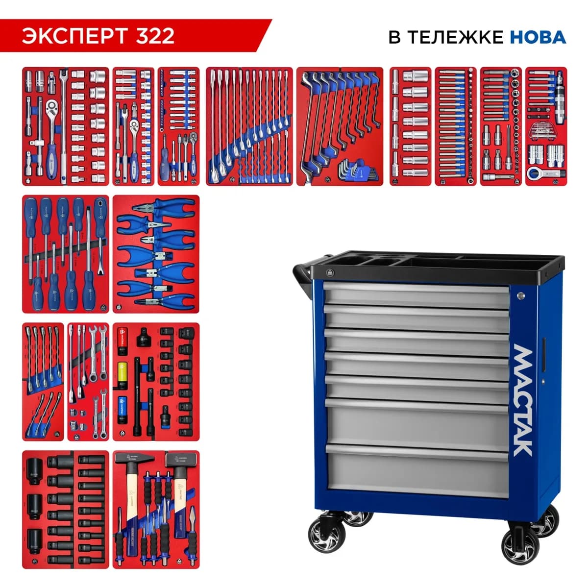 Инструментальная тележка МАСТАК 50-07322B с инструментом, 323 предмета, серия «ЭКСПЕРТ 322», синяя