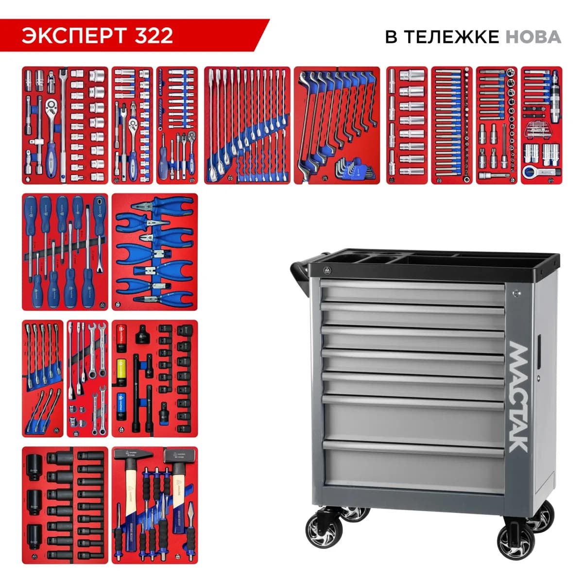 Инструментальная тележка МАСТАК 50-07322G с инструментом, 323 предмета, серия «ЭКСПЕРТ 322», серая