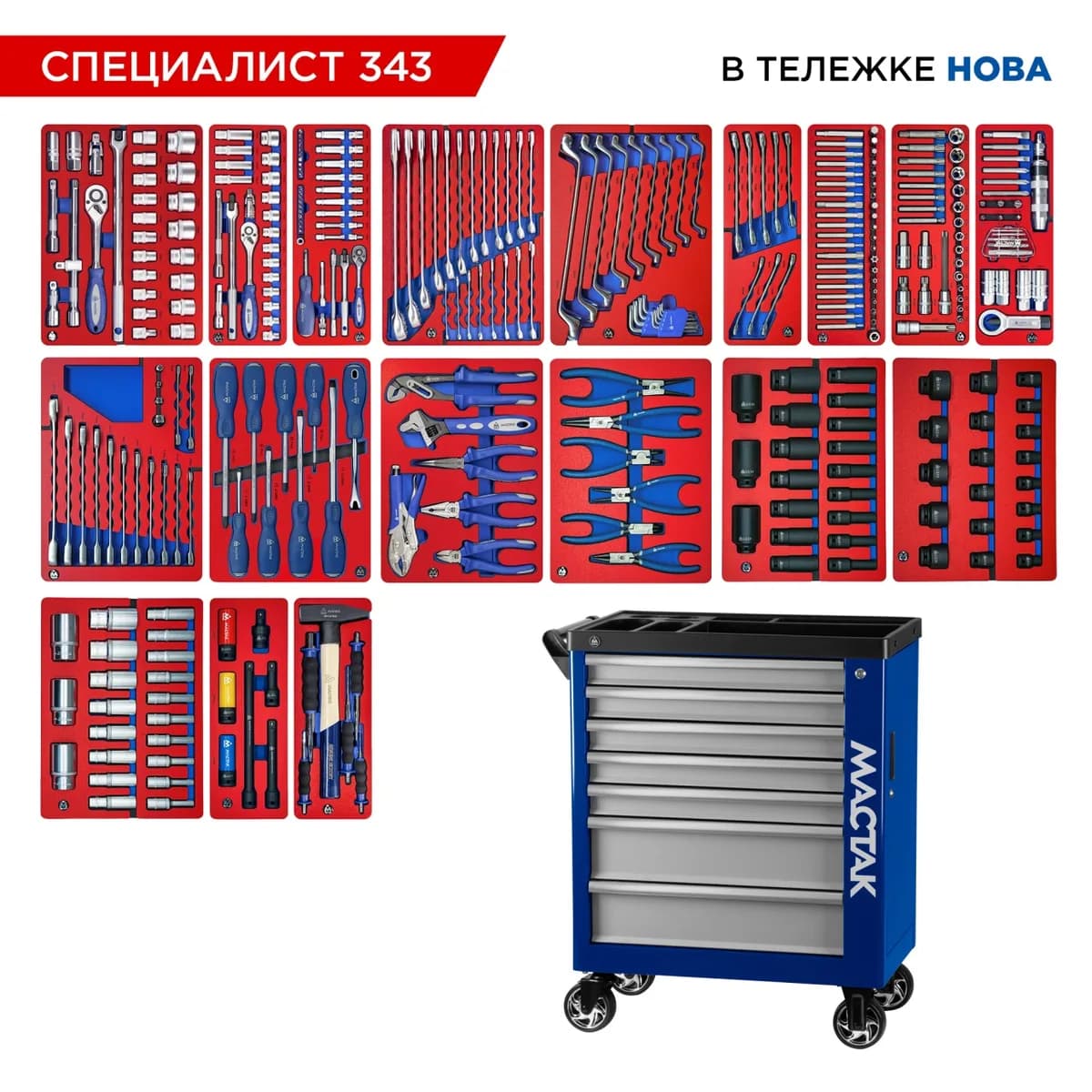 Инструментальная тележка МАСТАК 50-07343B с инструментом, 343 предмета, серия «СПЕЦИАЛИСТ 343», синяя
