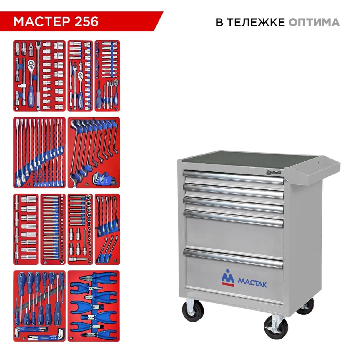 Набор инструментов 256 предметов, "МАСТЕР 256", в серой тележке МАСТАК 52-05256G