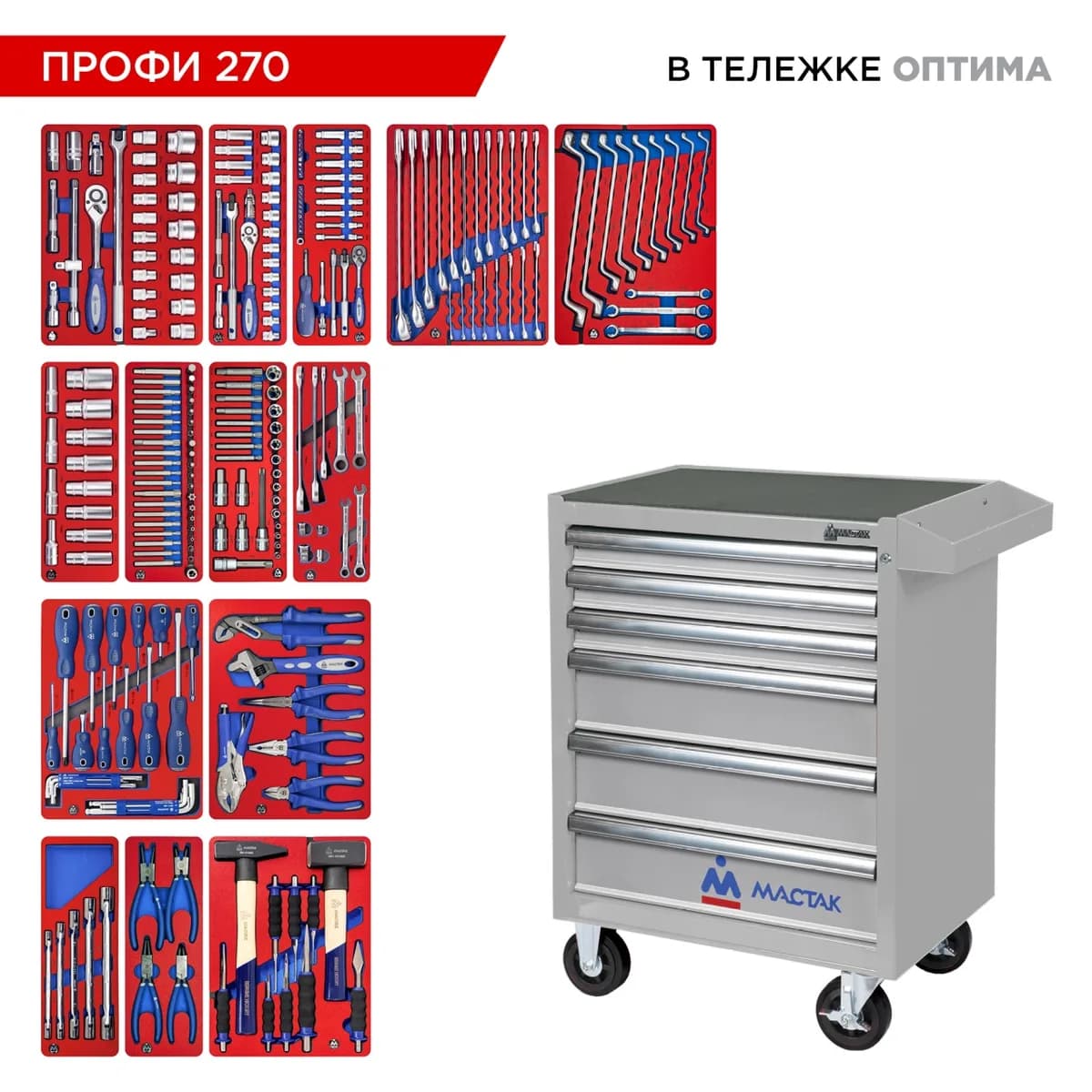 Набор инструментов 270 предметов, "ПРОФИ 270" в серой тележке МАСТАК 52-06270G