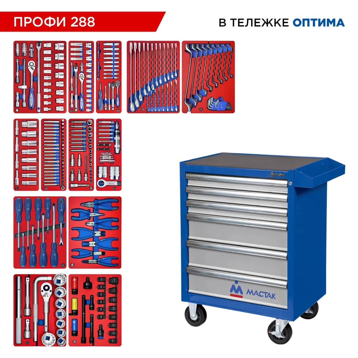 Набор инструментов 288 предметов, "ПРОФИ 288", в синей тележке МАСТАК 52-06288B