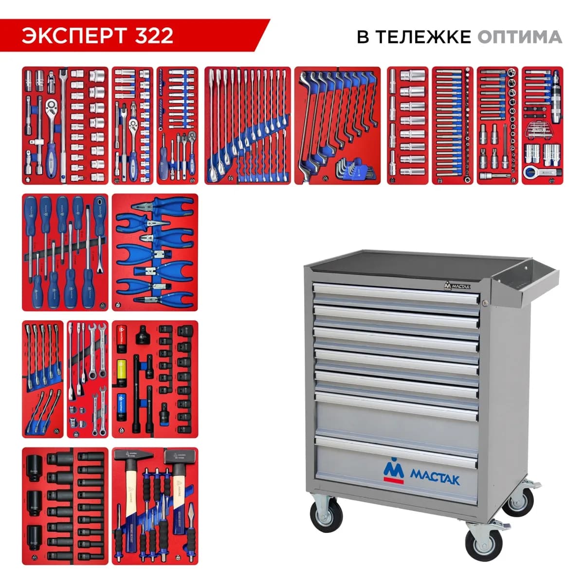 Инструментальная тележка МАСТАК 52-07322G с инструментом, 323 предмета, серия «ЭКСПЕРТ 322», серая