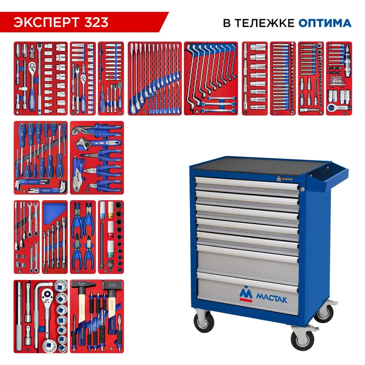 Инструментальная тележка МАСТАК 52-07323B с инструментом, 323 предмета, серия «ЭКСПЕРТ 323», синяя