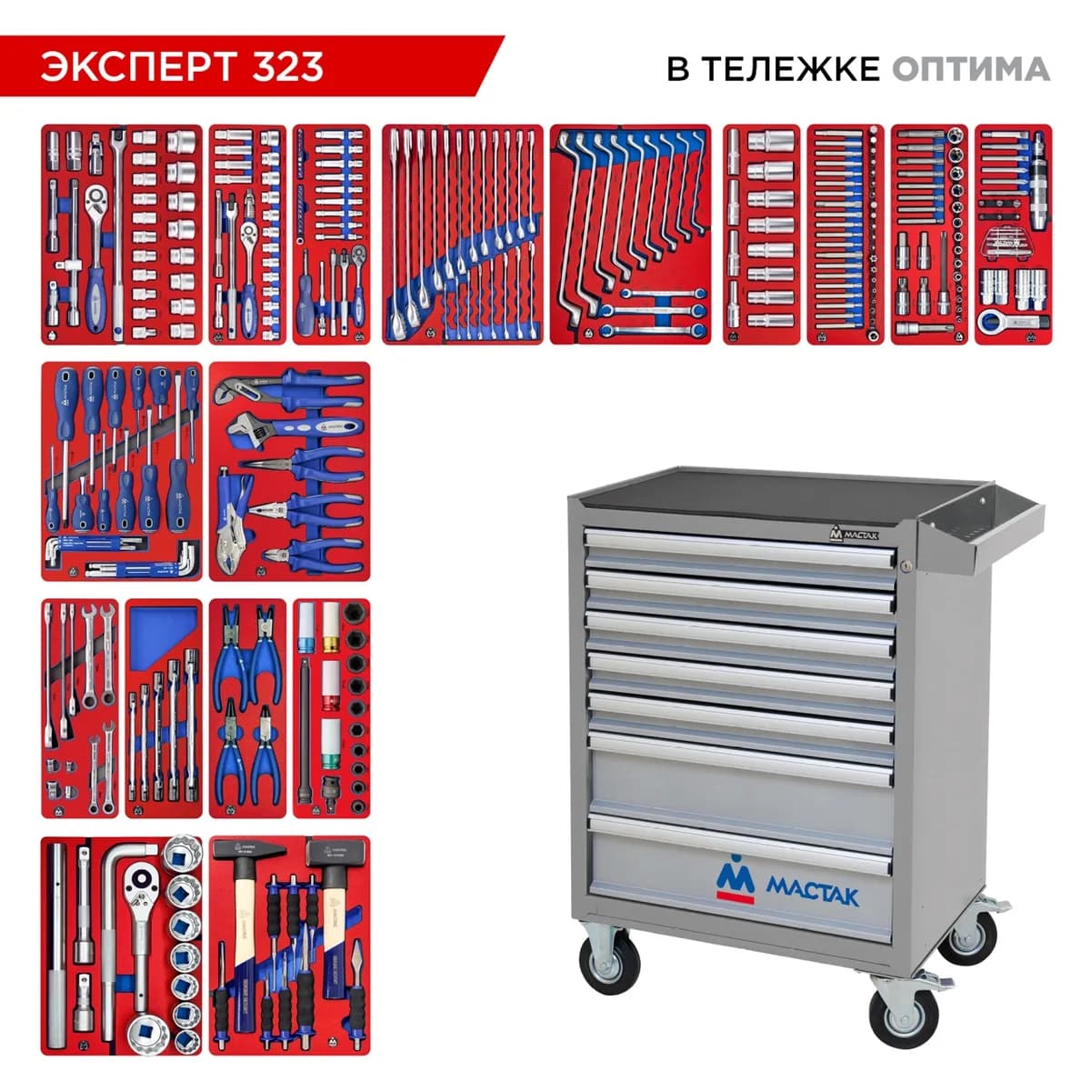 Инструментальная тележка МАСТАК 52-07323G с инструментом, 323 предмета, серия «ЭКСПЕРТ 323», серая