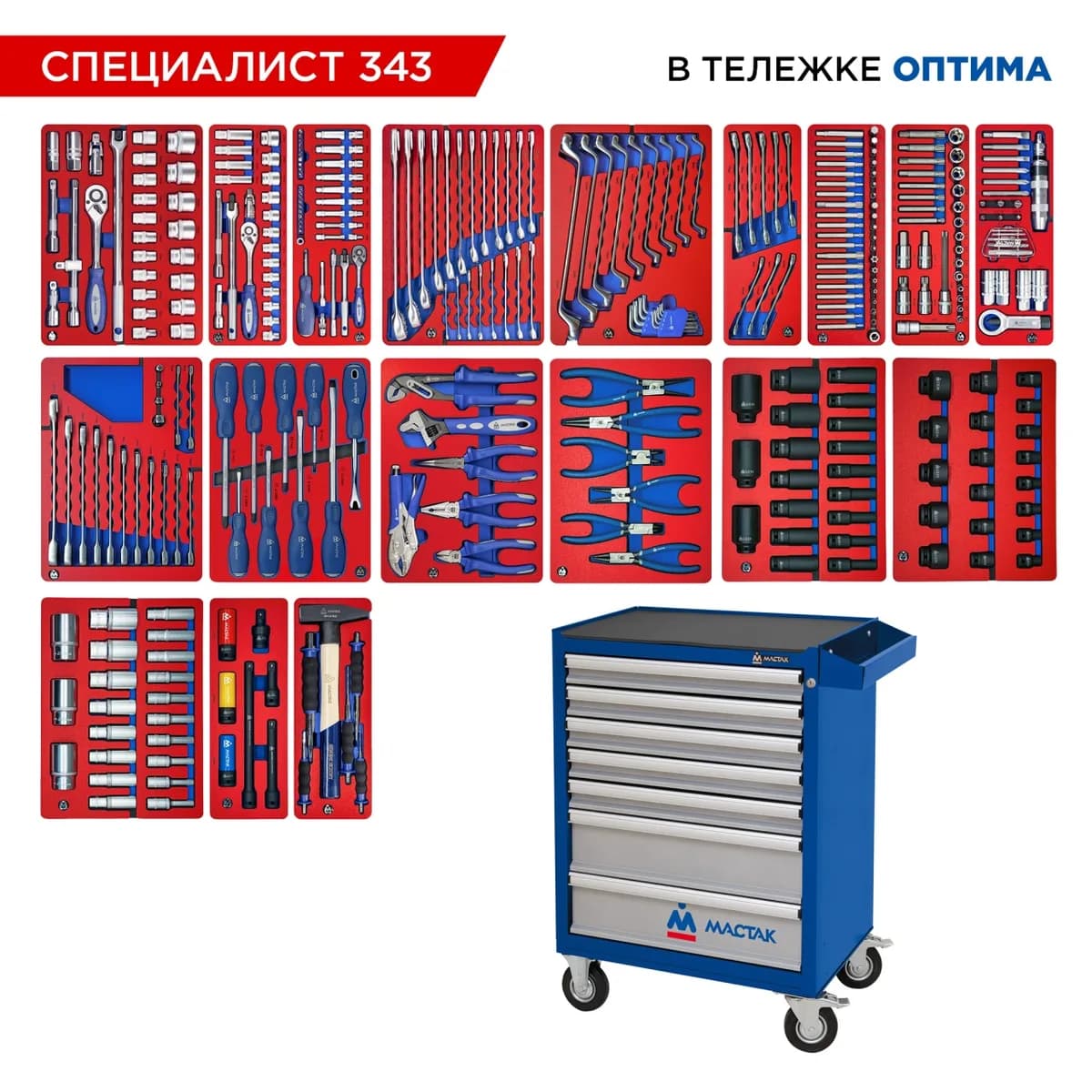 Инструментальная тележка МАСТАК 52-07343B с инструментом, 343 предмета, серия «СПЕЦИАЛИСТ 343», синяя