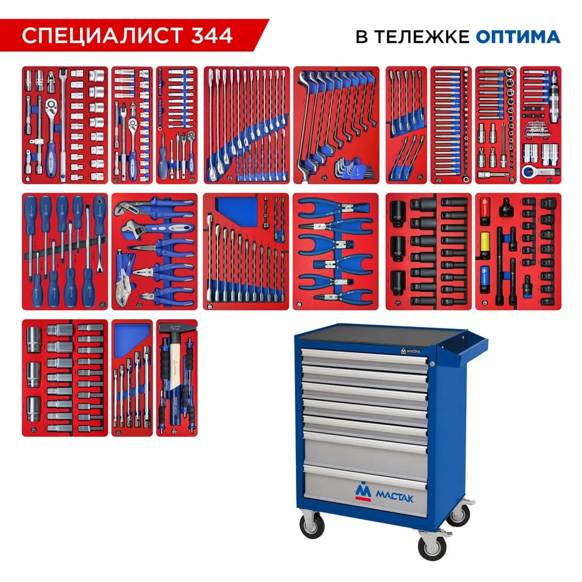Инструментальная тележка МАСТАК 52-07344B с инструментом, 344 предмета, серия «СПЕЦИАЛИСТ 344», синяя