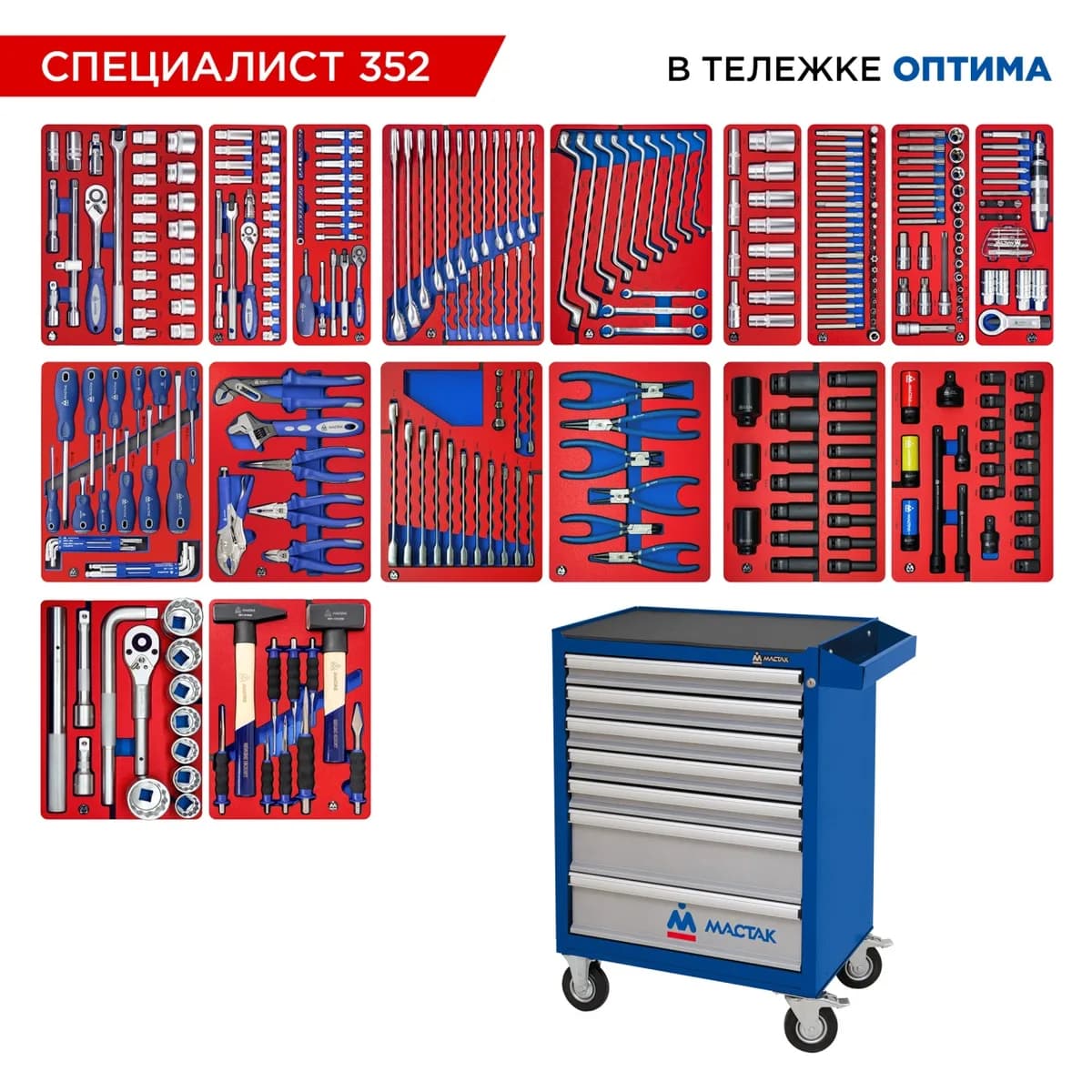 Инструментальная тележка МАСТАК 52-07352B с инструментом, 352 предмета, серия «СПЕЦИАЛИСТ 352», синяя