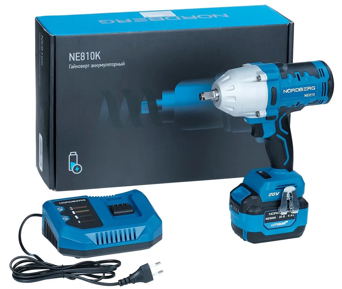 NE810K NORDBERG Гайковерт аккумуляторный, 1/2", 20 В, 1000 Нм, с аккумулятором 6А и зарядным устройством NE810K