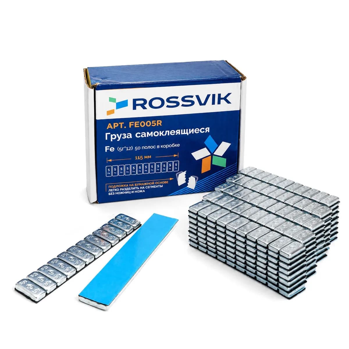 Груза клеевые (Fe) для легковых колес ROSSVIK FE005R, 12*5 г, 115 мм, на бумажной основе (50шт./кор.