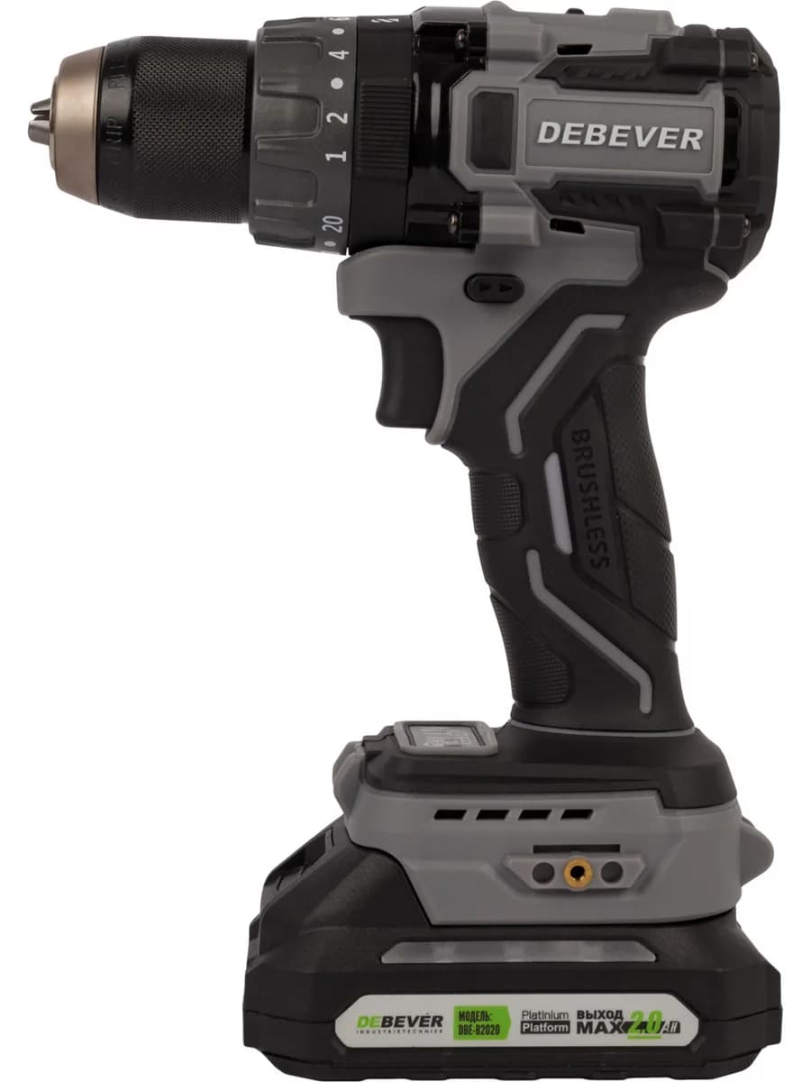 DBE-7332CKIT Дрель-шуруповерт аккумуляторная DeBever бесщеточная, ударная, 85Nm, 20+3, 13мм, 20В, 2 Ач в наборе с аккумулятором и зарядным устройством